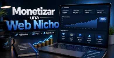 Imagen destacada sobre cómo monetizar una web nicho con afiliados, AdSense, servicios y estrategias de ingresos online.