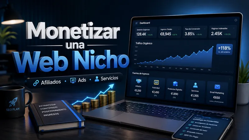 Imagen destacada sobre cómo monetizar una web nicho con afiliados, AdSense, servicios y estrategias de ingresos online.